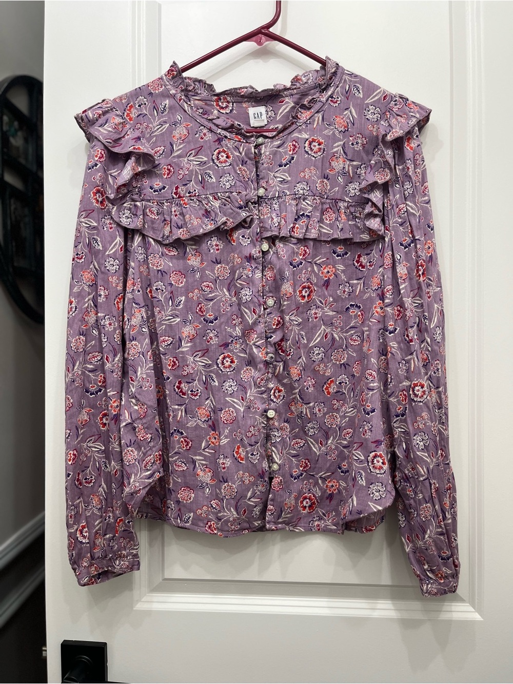GAP Lavender Cotton Blend Floral Boho Cottagecore Ruffle Button Blouse Large